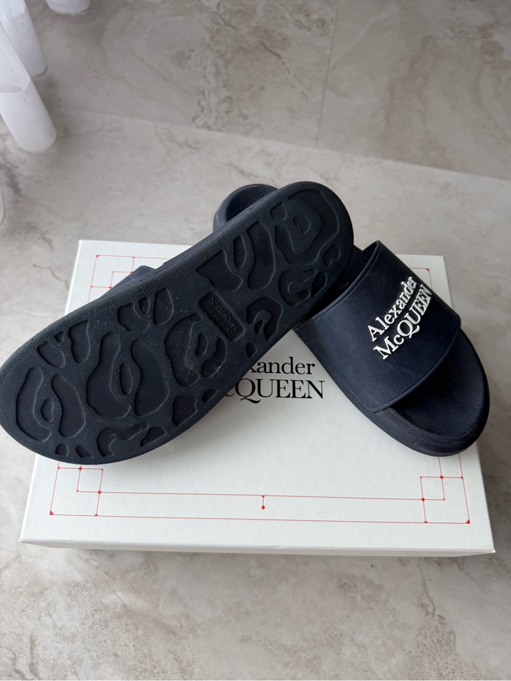 Alexander McQueen Black Slides with White Logo Strap